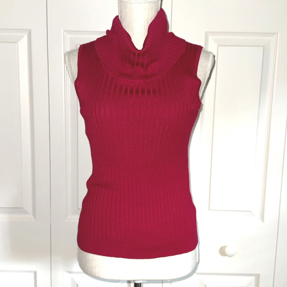 Cable & Gauge Petite Red Ribbed Sleeveless Cowl Neck Sweater Top PM